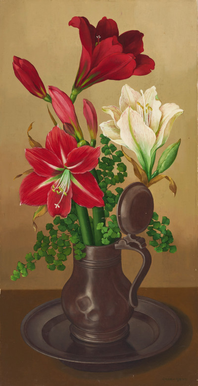 Image for Lot Joan van Gent - Red Lilies in Pewter Pitcher