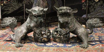 Image for Lot Pair of Large Bronze Foo Lions