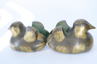Pair of Gold-splashed Bronze Duck Screen Supports