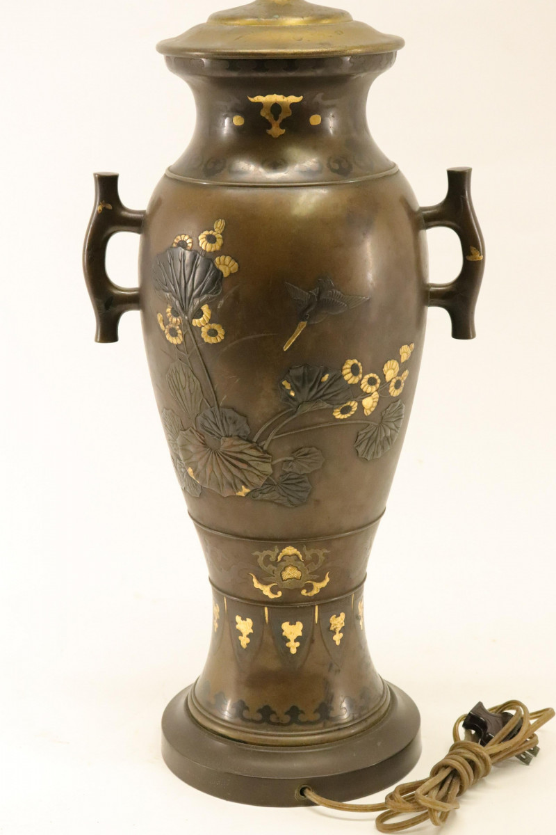 Japanese Bronze &amp; Mixed Metal Vase Lamp