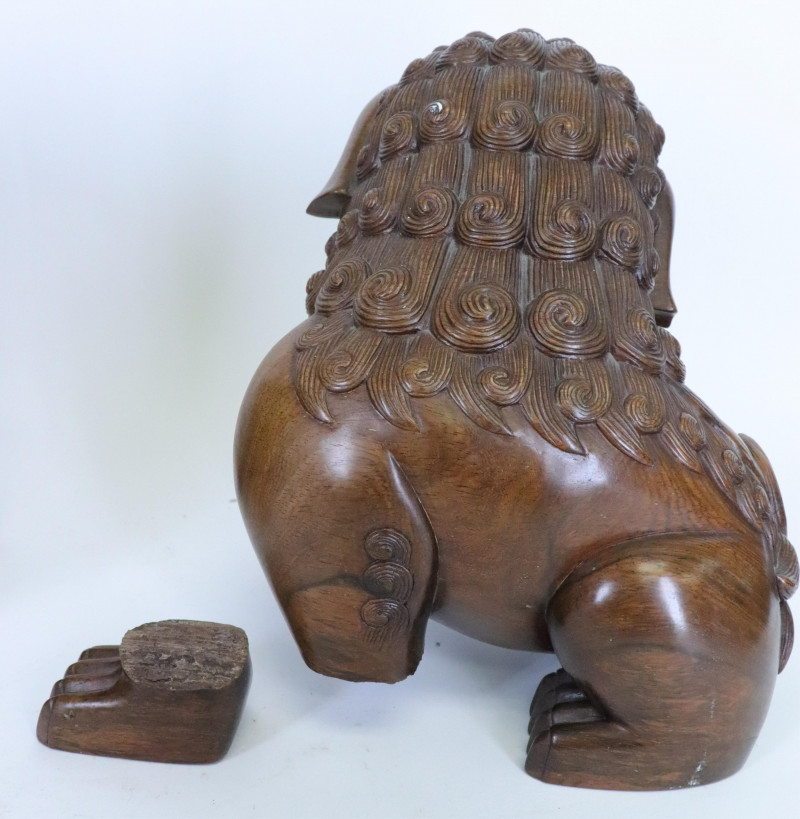 Matching Hardwood Stands with two Carved Foo Dogs