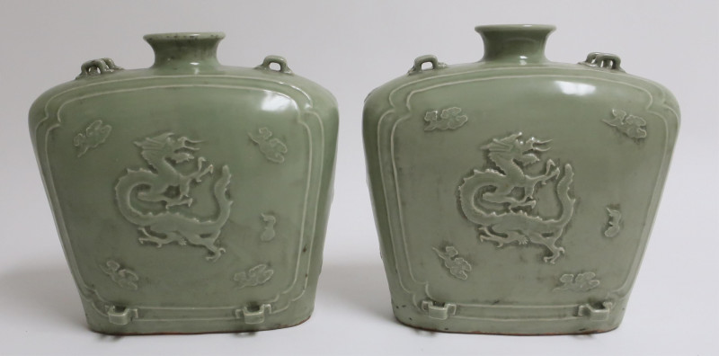 Pair of Large Celadon Bianhi Shapes Vases