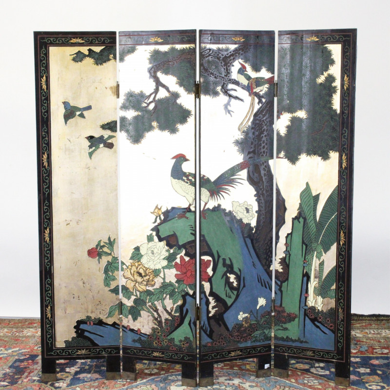 Chinese 4 Panel Wood Carved Screen