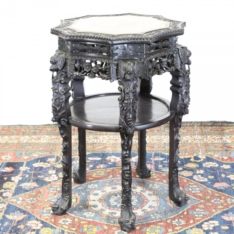 Chinese Elaborately Carved Marble Top Wine Table