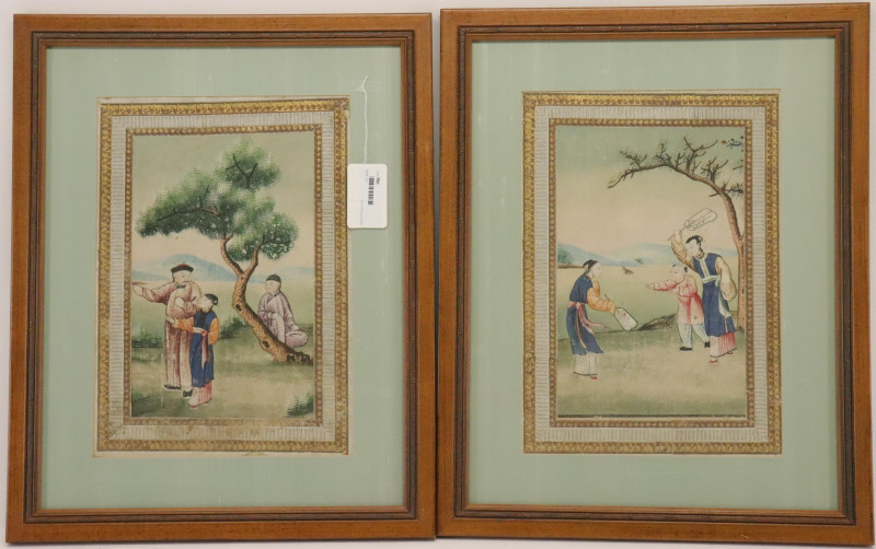 Pair Chinese Watercolor, 3 Figures &amp; 1 Butterflies