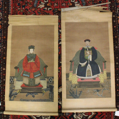 Pair Chinese Scrolls, Ancestor Portraits, W/C
