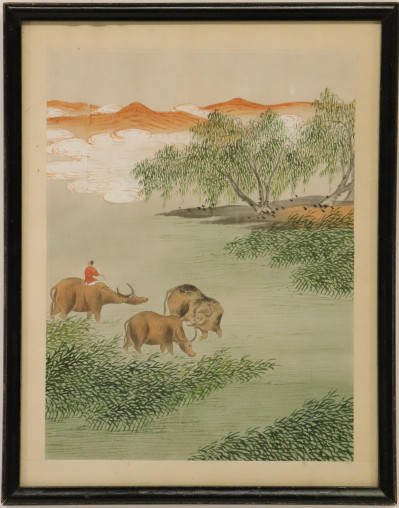 Chinese Watercolor on Man on Buffalo