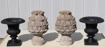 Image for Lot Pair Cast Iron Urns and Pair Cast Cement Finials