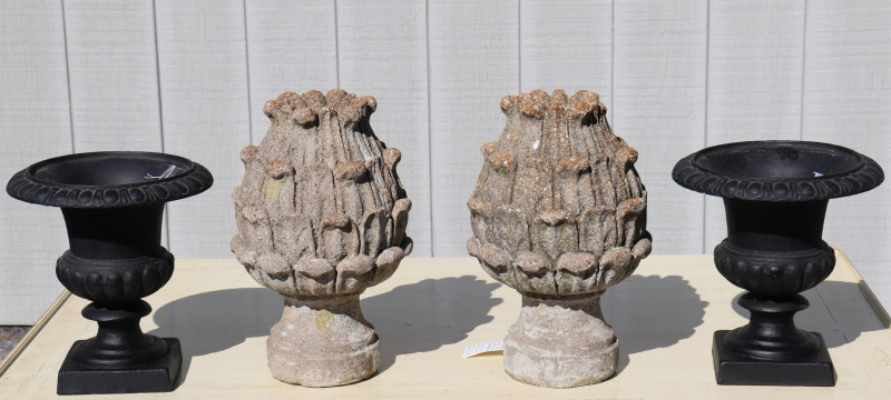 Pair Cast Iron Urns and Pair Cast Cement Finials