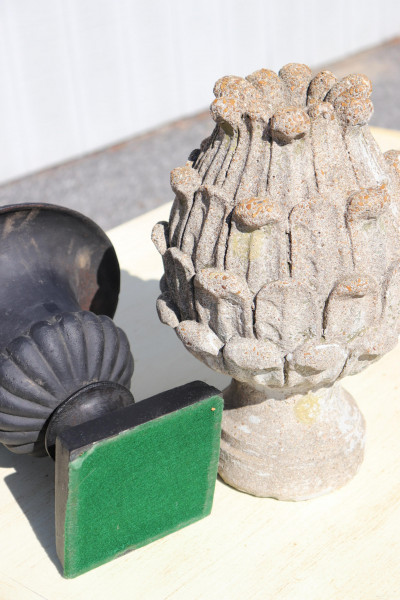 Pair Cast Iron Urns and Pair Cast Cement Finials