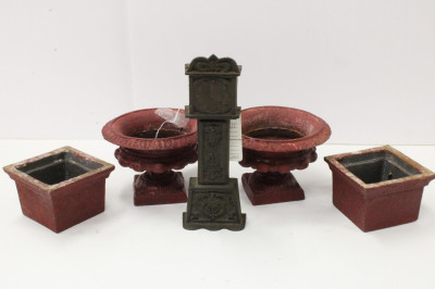 Image for Lot Cast Iron Clock Bank, Urns &amp; Jardinieres