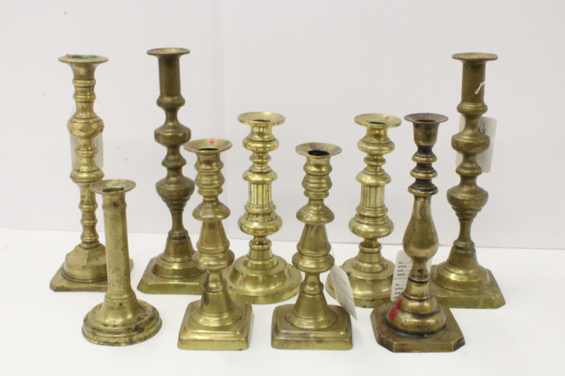 Group of 9 English Brass Candlesticks