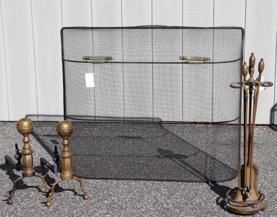 Image for Lot Pair Brass Andirons, Tools and Fire Screen