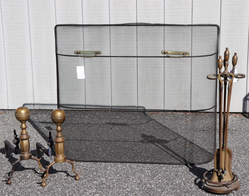 Pair Brass Andirons, Tools and Fire Screen