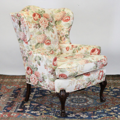 Queen Anne Style Floral Upholstered Wing Chair
