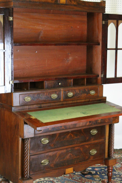 Late Federal Inlaid Mahog Bureau Bookcase, 19th