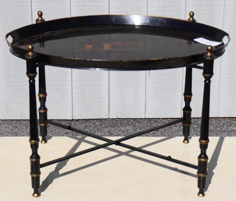 Regency Style Gilt Black Painted Tole Tray, Stand