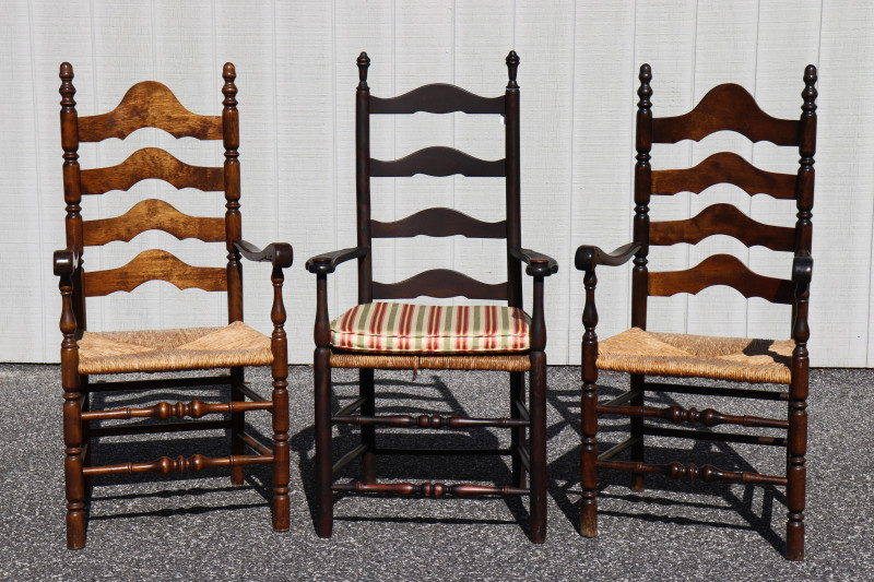 3 Wood and Rush Ladder Back Armchairs