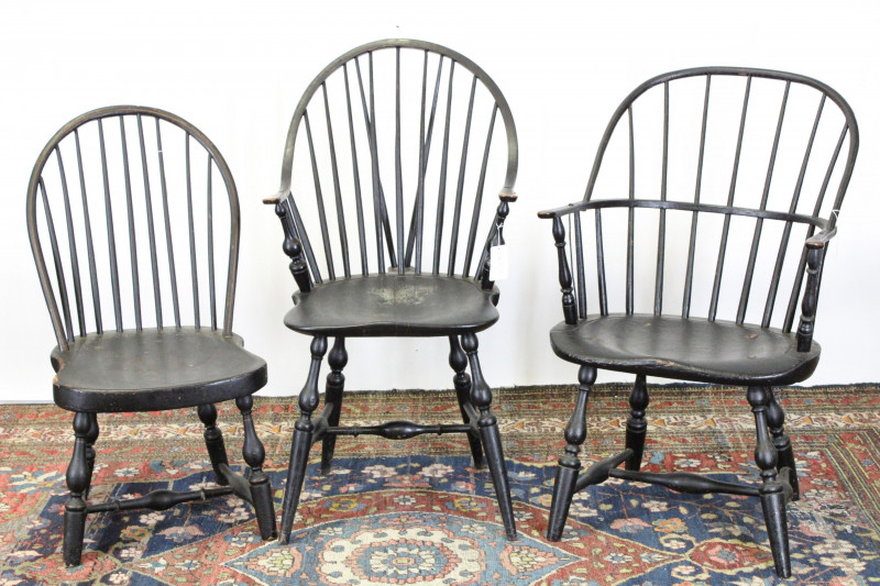 Three Early Windsor Chairs In Black Paint