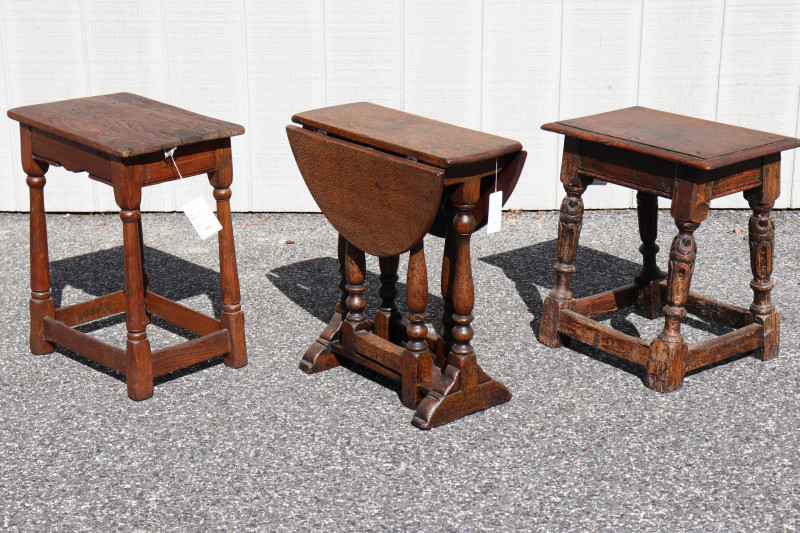Oak Set: Two Joint Stools,Diminutive Gateleg Table
