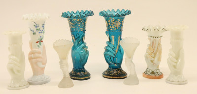 8 Glass Hand Vases; colored, milk &amp; frosted