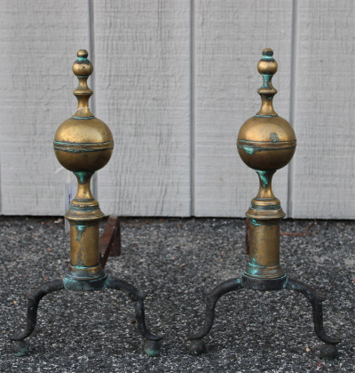 Image for Lot Pair 19C Brass Brass Ball And Finial Top Andirons