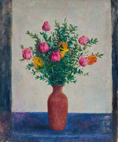Image for Lot Clara Klinghoffer - Tulips in a Red Vase