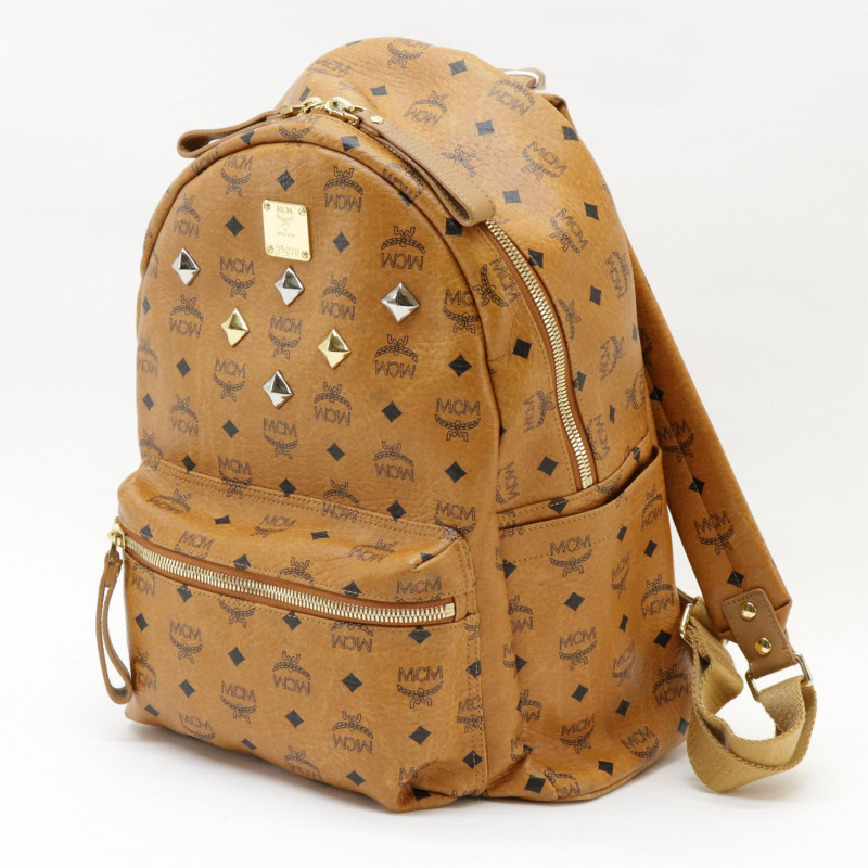 MCM Blue Coated Canvas and Leather Large Studs Stark Backpack at