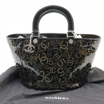 CHANEL Patent Perforated CC Shopping Tote Black 34859