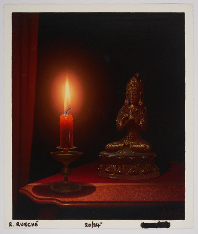 Rudy Ruschè - Red Candle and Bronze Statue