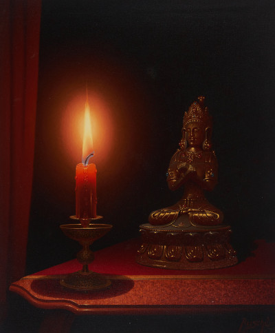 Image for Lot Rudy Ruschè - Red Candle and Bronze Statue