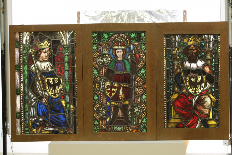 3 Leaded Stained Glass Window Panels 19th C