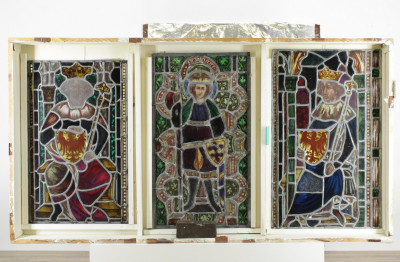 3 Leaded Stained Glass Window Panels 19th C