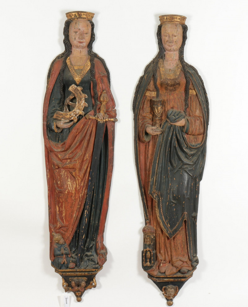 2 Figures of Saints 17th C Catherine Barbara