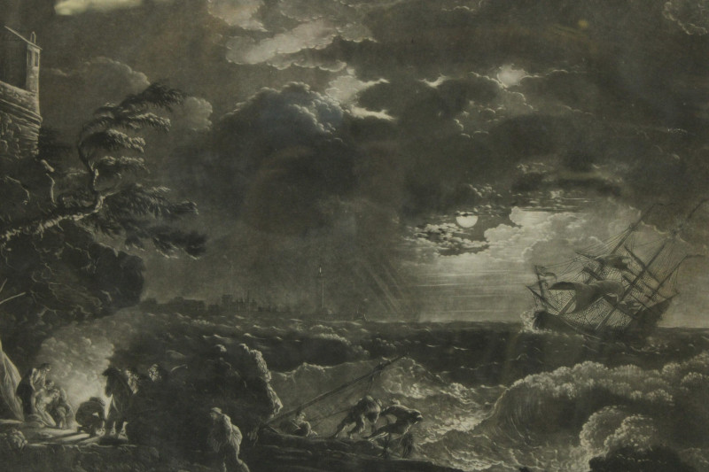 2 18th C Prints; MoonLight Ship Wreck Sayer