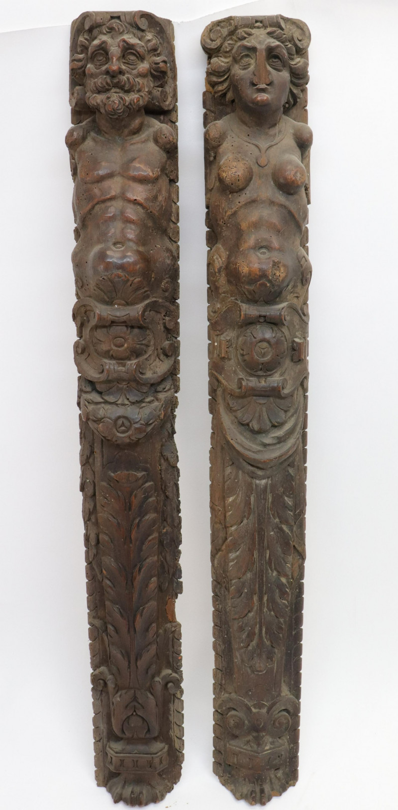 Pair Baroque Style Carved Walnut Pilasters 19th C