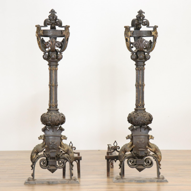 Pair Renaissance Revival Wrought Iron Andirons