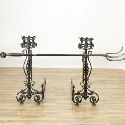 Image for Lot Pair Renaissance Revival Style Andirons/Tool