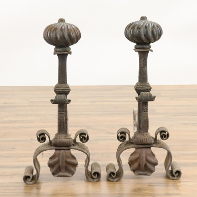 Image for Lot Pair Spanish Style Bronze Wrought Iron Andirons