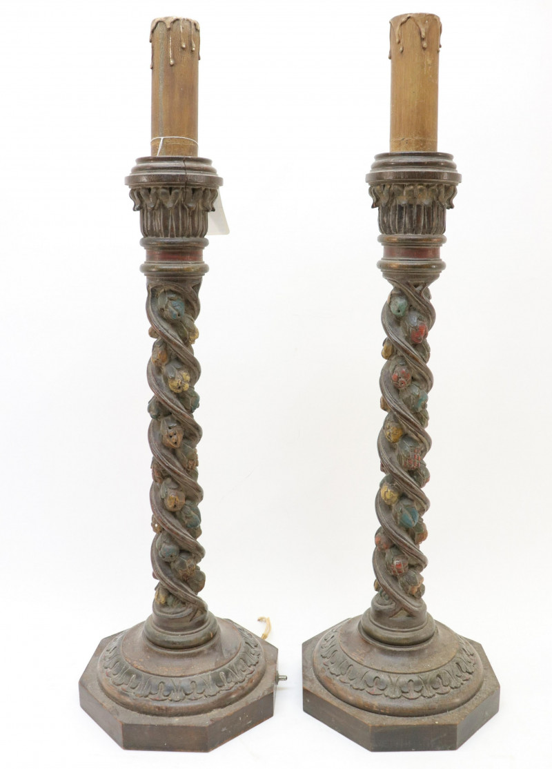 Pair Carved Polychromed Table Lamps E 20th C