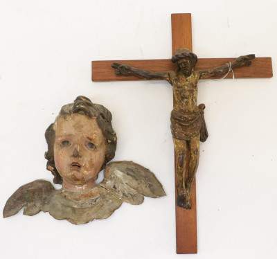 Image for Lot Spanish Baroque Crucifix Putto Mask 18/19 C