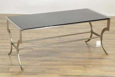 Image for Lot 1970's Brushed Metal Smoked Glass Coffee Table