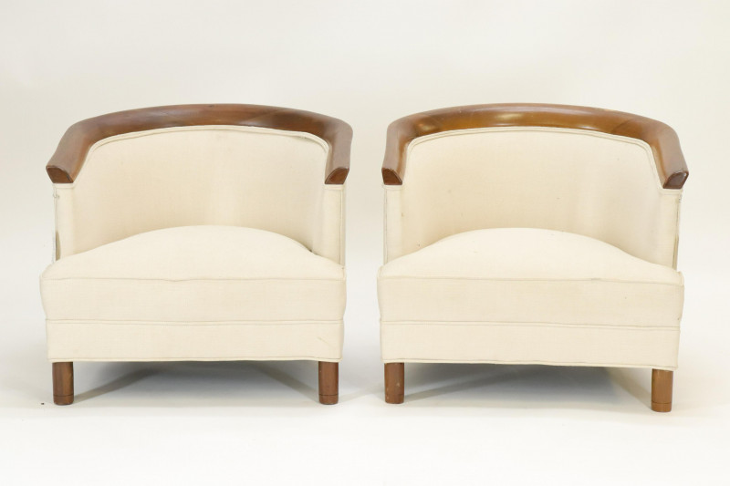 Pair Mid Century Walnut Club Slipper Chairs