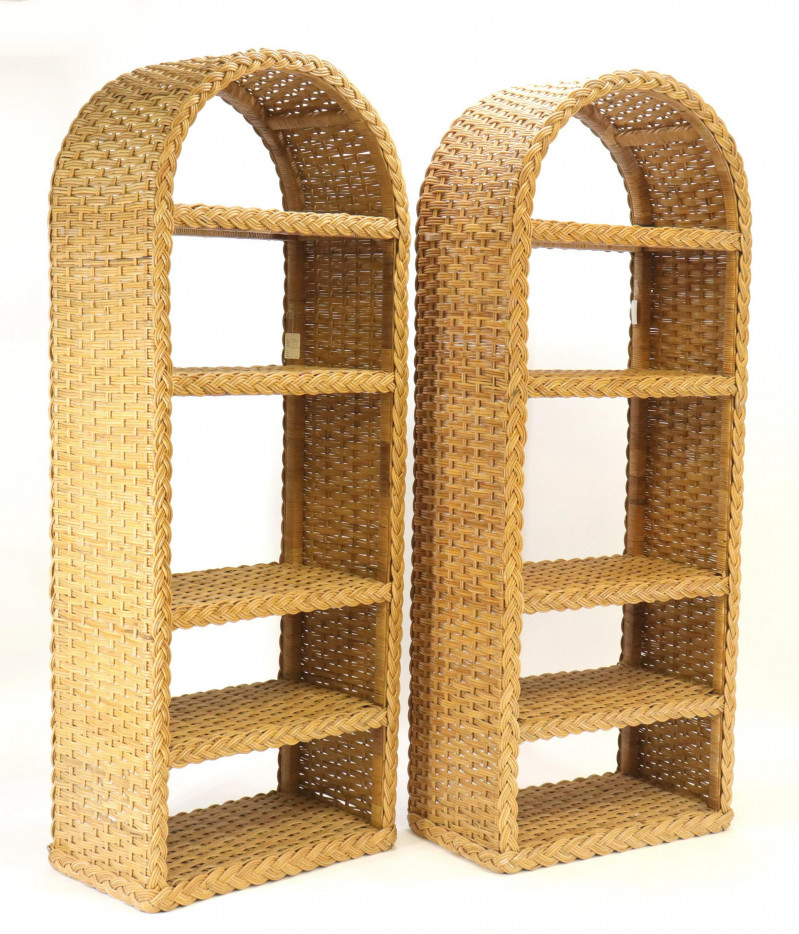 Pair Wicker Domed Open Bookcases