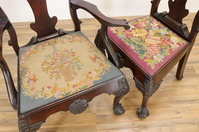Two Chippendale Style Chairs Needlepoint Seats