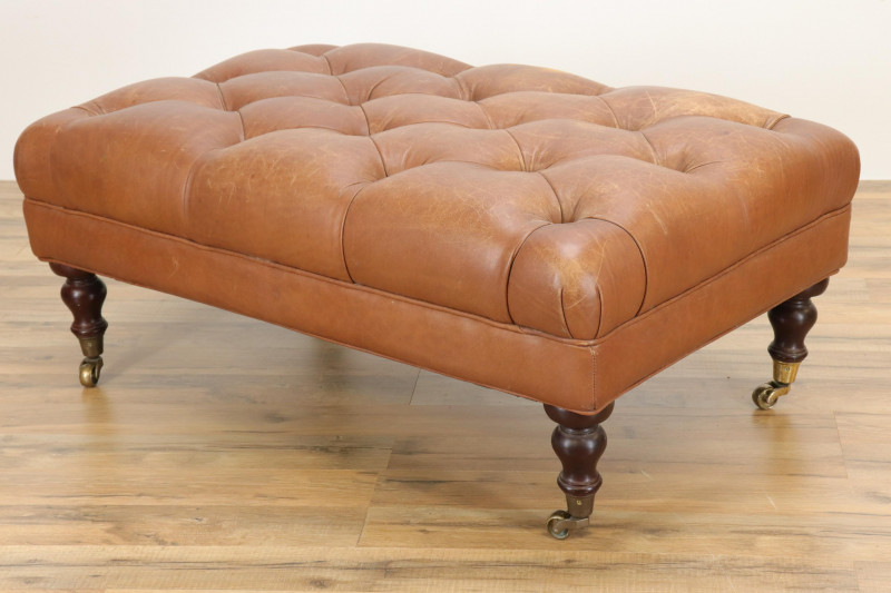 Victorian Style Brown Leather Upholstered Bench