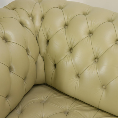 Green Leather Brass Buttoned Chesterfield Sofa