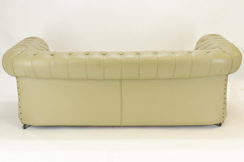 Green Leather Brass Buttoned Chesterfield Sofa