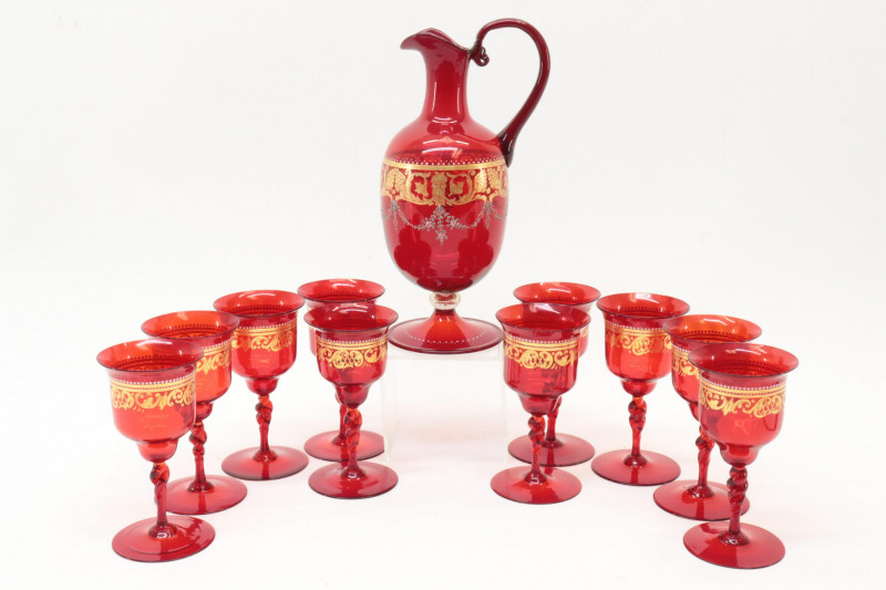 Bohemian Cranberry Pitcher and Wine Glasses