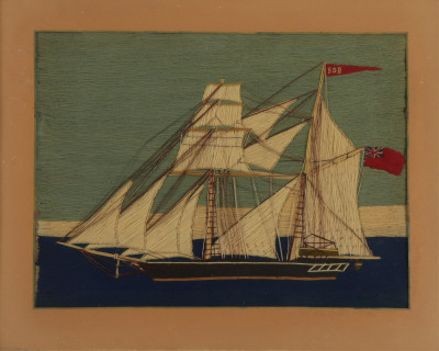 Image for Lot Folk Art Stitch Work Ship with British Flag